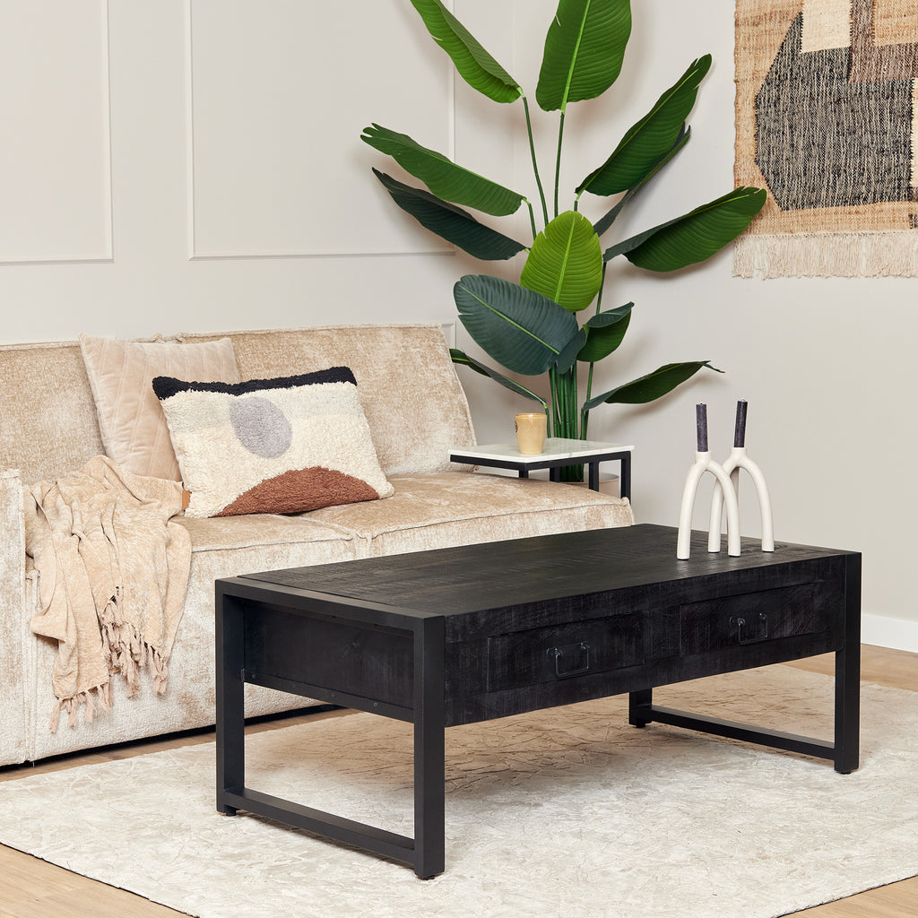 Couchtisch Bori Schwarz 120x60x45 cm – Mangoholz Tisch mit 2 Schubladen & Ablagefach, modern & praktisch