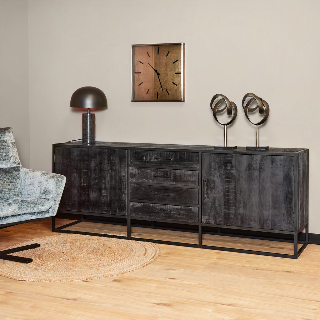 Sideboard Delta Schwarz – Mangoholz mit Metallrahmen, 4 Schubladen & 2 Türen, modernes Design, 210 x 45 x 75 cm