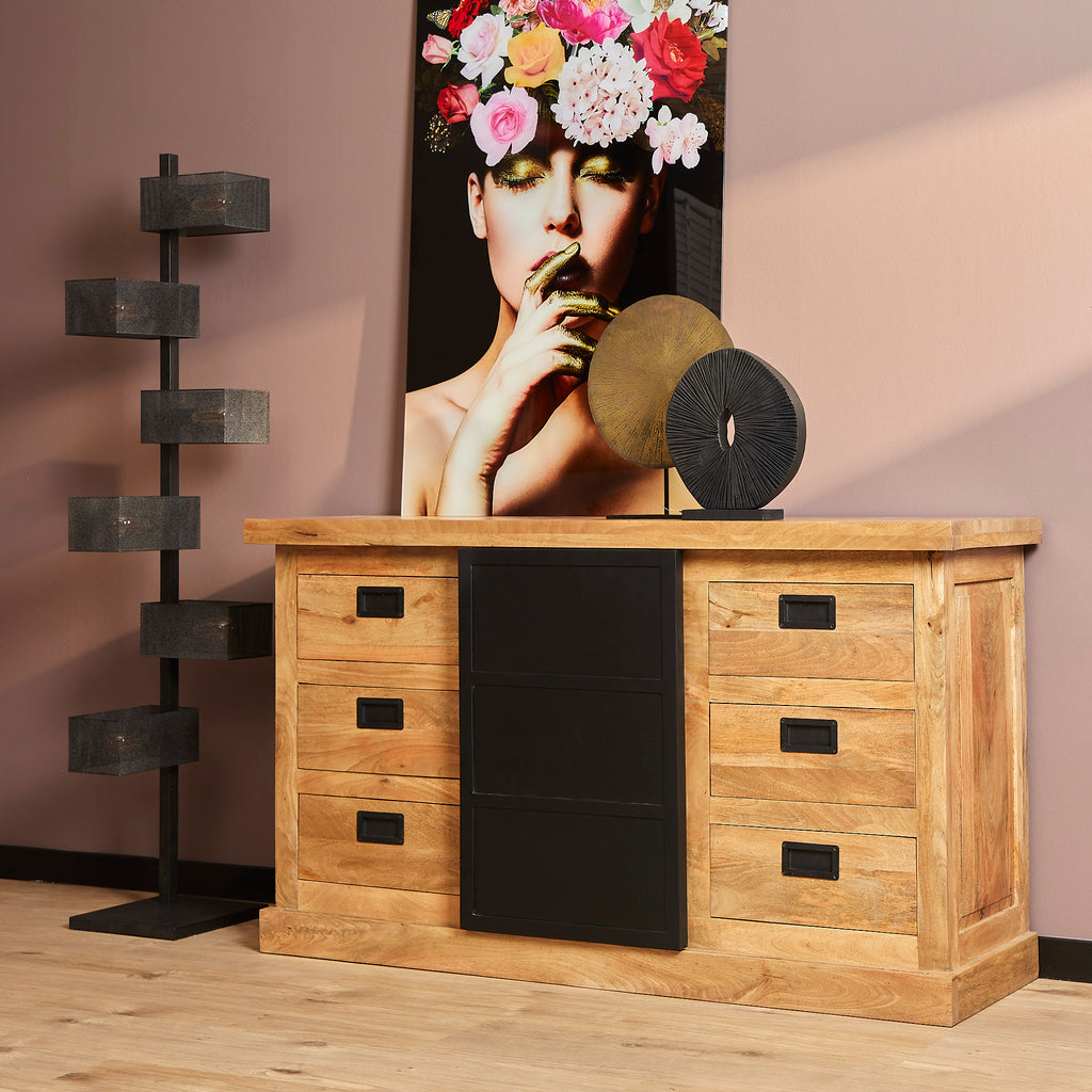 Sideboard Nizza – Mangoholz Kommode mit Metalltüren, 160×90×45 cm, stilvolles Möbelstück mit 1 Tür & 6 Schubladen im Holzstreifen-Design