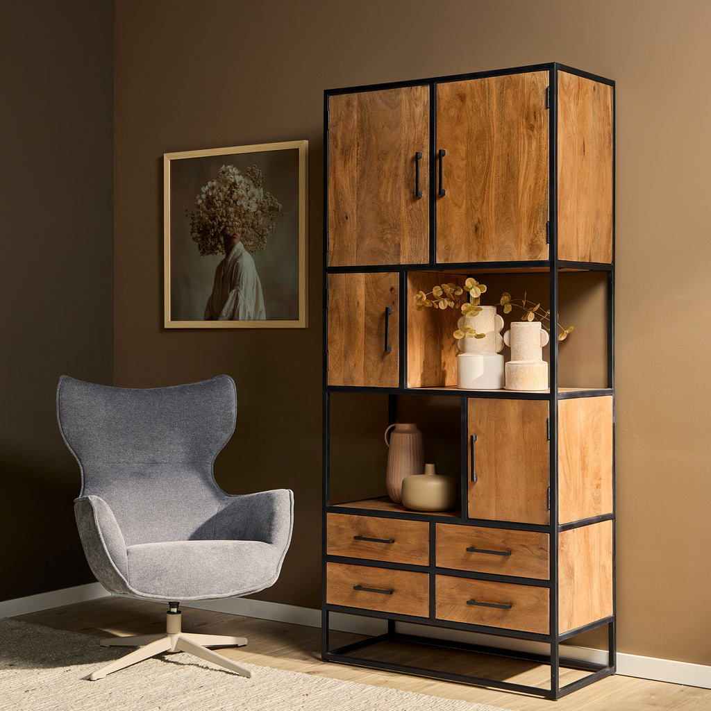 Schrank Delta 90x45x200 cm – Massives Mangoholz Bücherregal Natur mit Metallrahmen & viel Stauraum