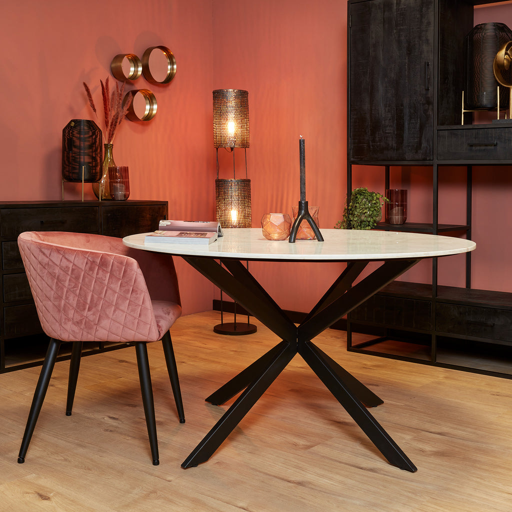 Esstisch Noire Ø130x76 cm – Runder Esstisch mit weißer Marmorplatte & schwarzem Metallgestell