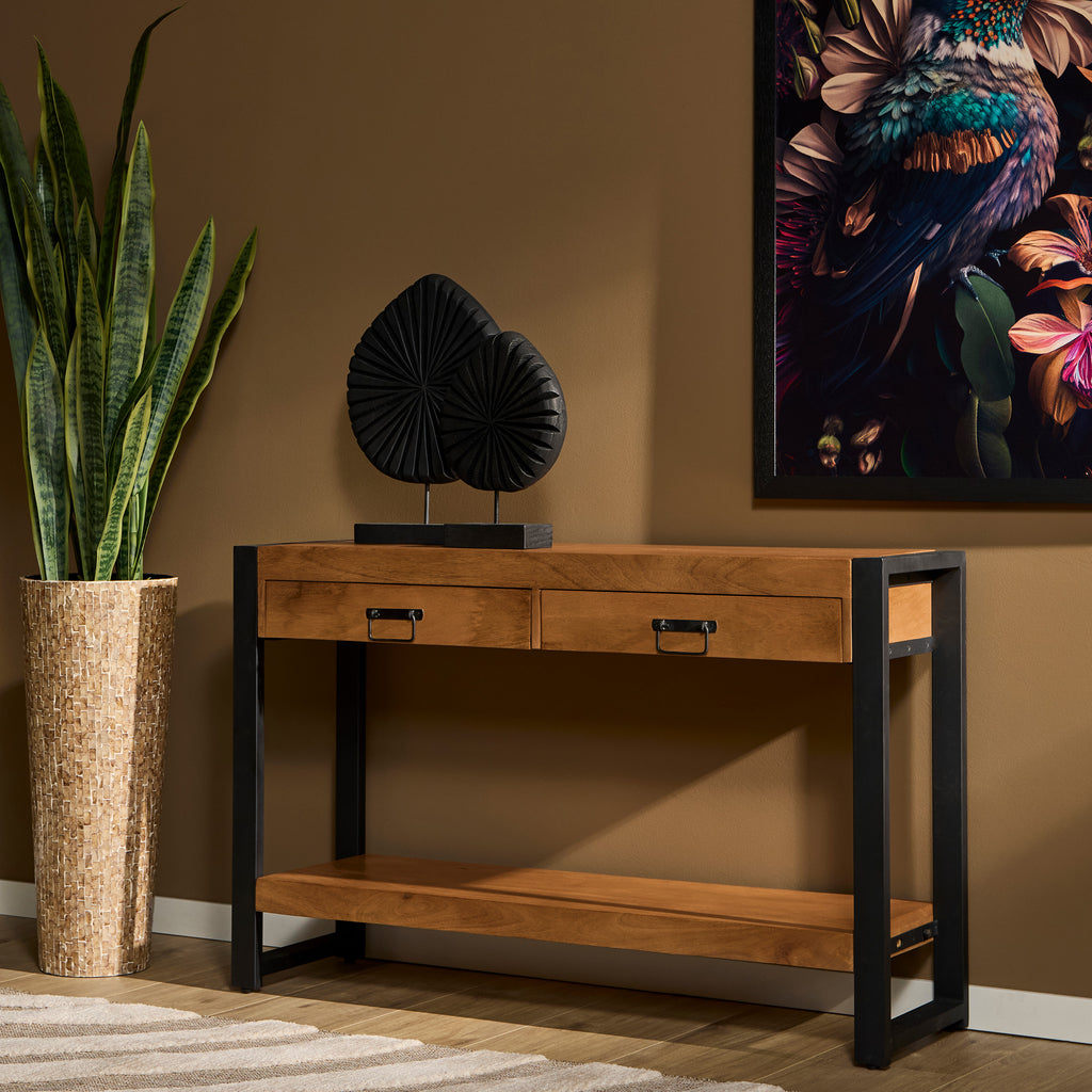 Konsolentisch Bori Natur – Mangoholz Sideboard mit 2 Schubladen & Metallrahmen 120×35×76 cm