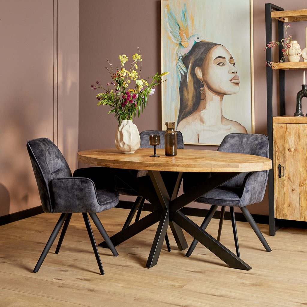 Esstisch Delta Oval 180x90x76 cm – Massives Mangoholz & modernes Matrix-Metallgestell in Schwarz
