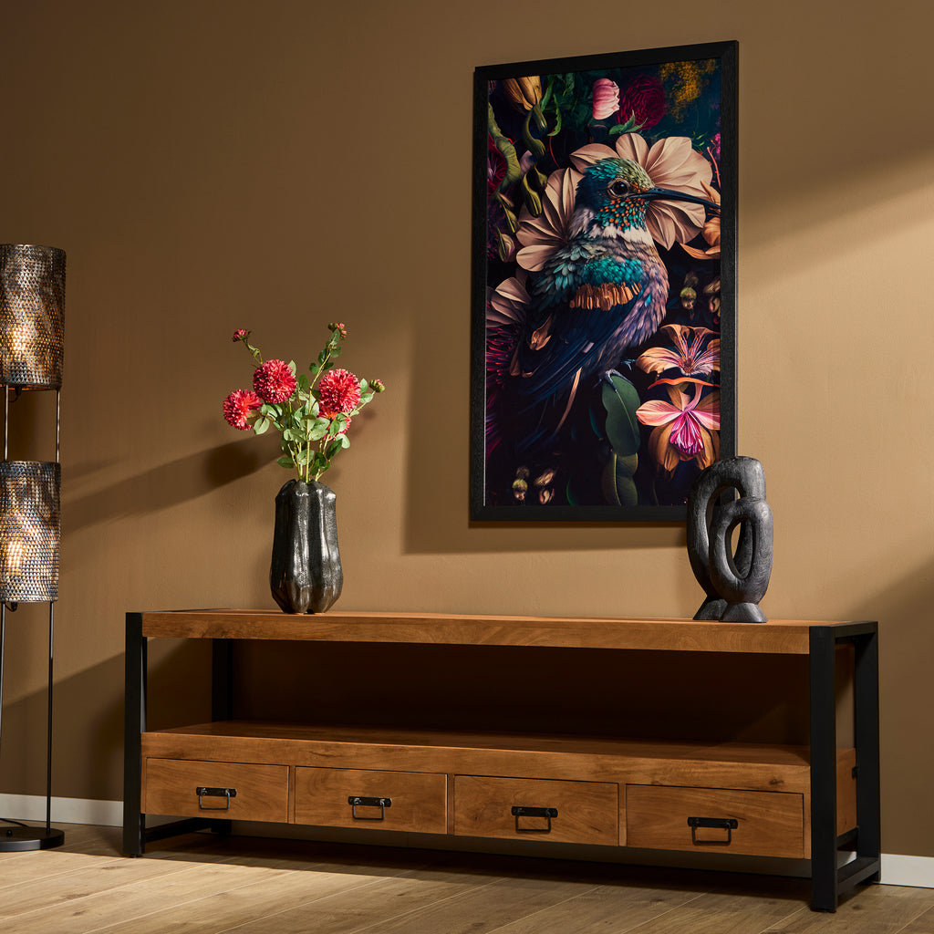 TV-Board Bori Schwarz – TV-Schrank aus Mangoholz 180×60×45 cm mit 4 Schubladen, offenem Fach & Metallgestell im modernen Design