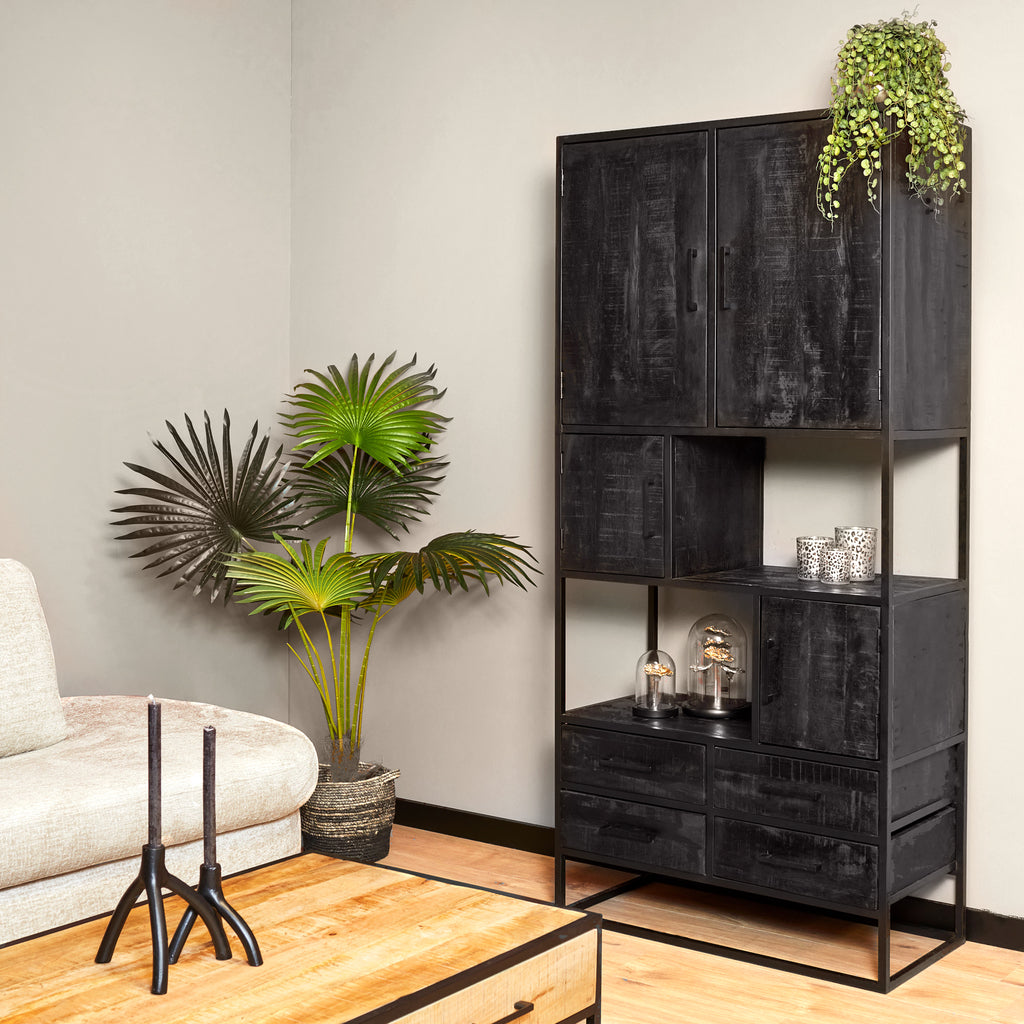 Wandschrank Delta Schwarz – Regalschrank aus Mangoholz & Metall mit 4 Schubladen, 4 Türen & offenen Fächern, 90 x 45 x 200 cm