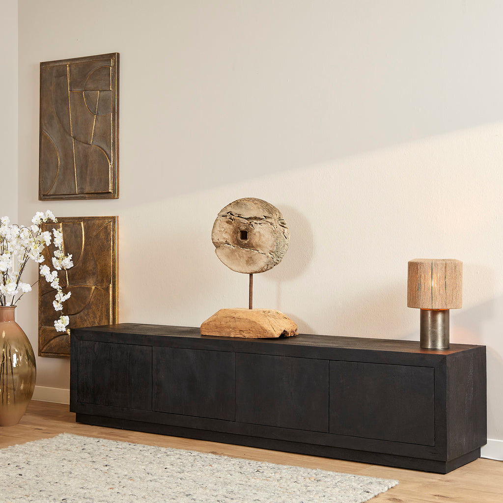 TV-Board Bali Schwarz – Lowboard aus Mangoholz mit 4 Türen & Push-to-Open, modernes TV-Möbel 200 x 42 x 46 cm