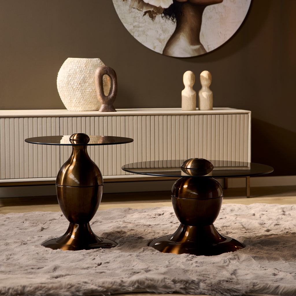 Couchtisch-Set June Braun/Gold 70x70x38,5 cm & 50x50x51 cm – 2er Set mit Glastischplatten & goldfarbenem Metallgestell im modernen Design