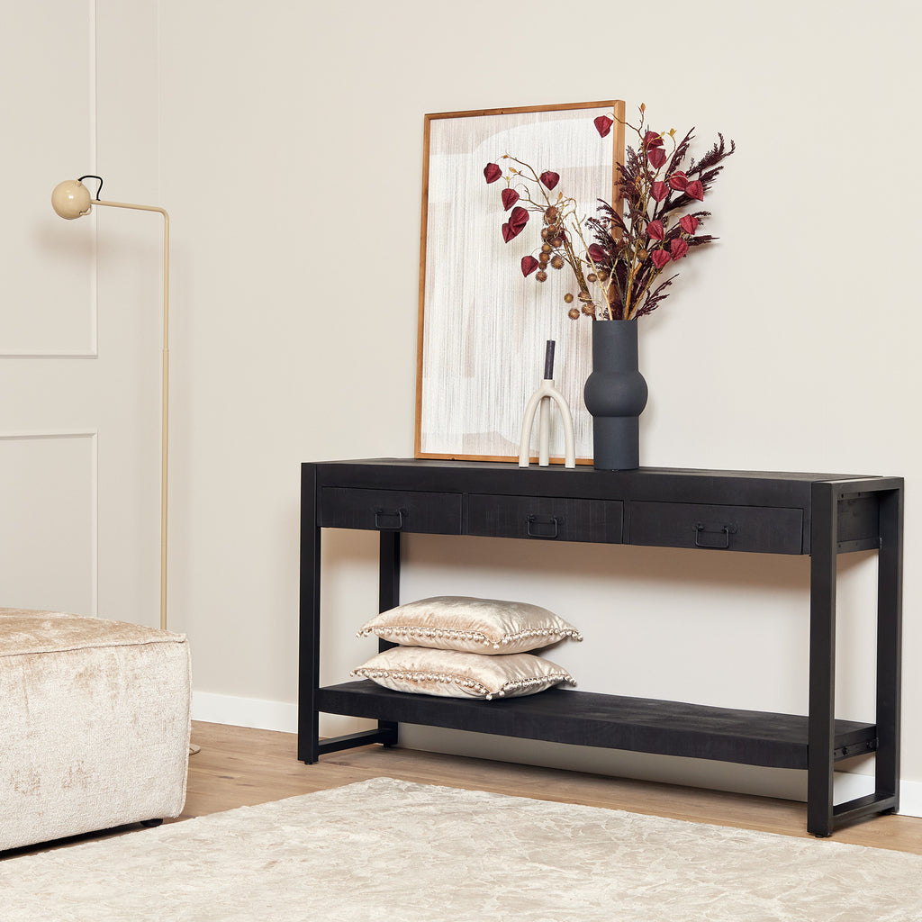 Beistelltisch Bori Schwarz – Mangoholz mit 3 Schubladen & Metallgestell, 150×35×76 cm, modern lackiertes Design