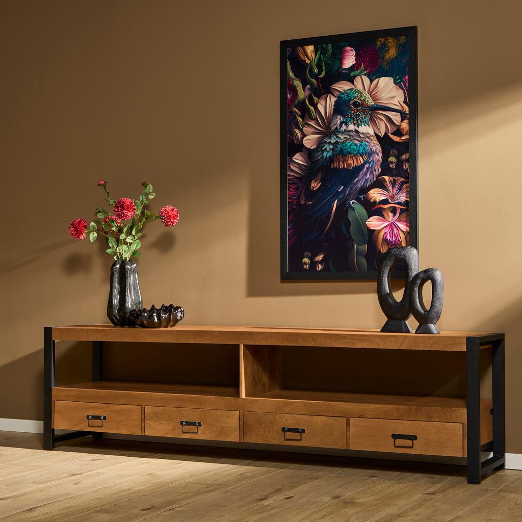 TV Board Bori Natur 220x45x60 cm – Mangoholz Lowboard mit 4 Schubladen, offenem Fach & Strukturfront