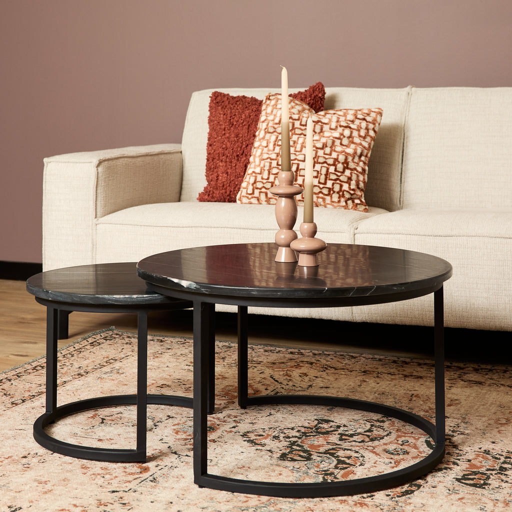 Couchtisch-Set Ovan Schwarz – 2er-Set mit Marmorplatte & Metallgestell, Tische 70x70x40 cm & 50x50x35 cm