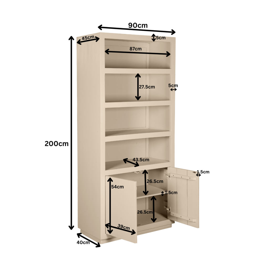 Bücherregal Bali 90x45x200 cm – Mangoholz Regal mit Sand-Finish, offenen Fächern & grifflosen Türen