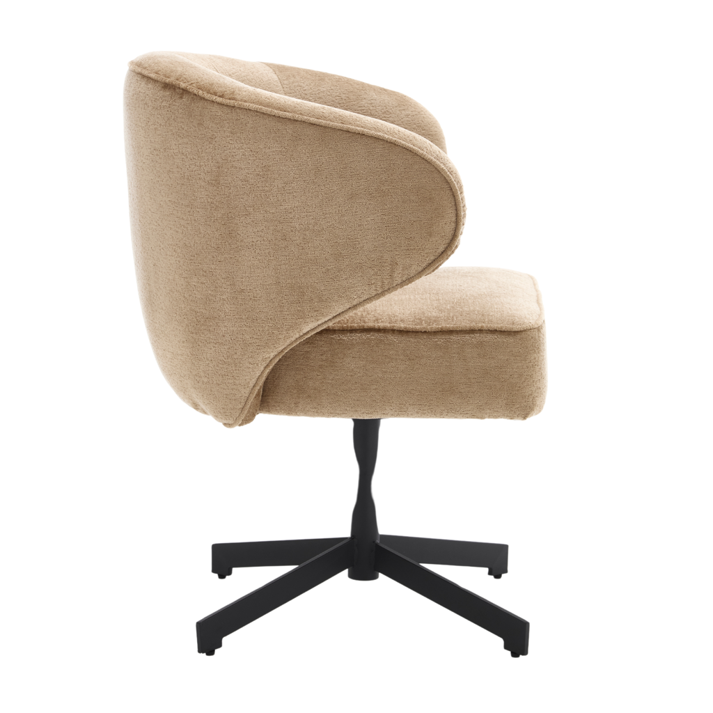 Esszimmerstuhl Persie Beige – Drehstuhl mit Armlehnen aus Loris-Stoff & schwarzem Metallgestell, 68×62×83 cm