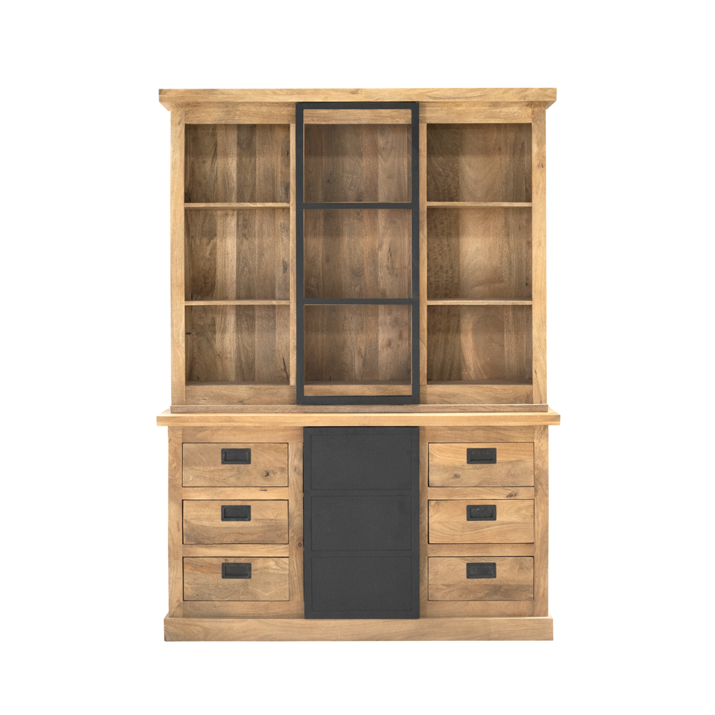 Vitrine Nizza – Mangoholzschrank mit schwarzen Metalltüren, 160×45×220 cm, 4 Türen & 6 Schubladen im modernen Design