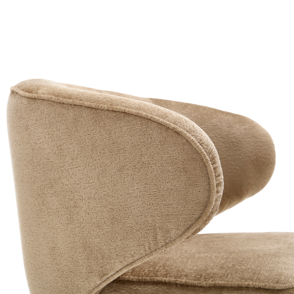 Esszimmerstuhl Persie Beige – Drehstuhl mit Armlehnen aus Loris-Stoff & schwarzem Metallgestell, 68×62×83 cm