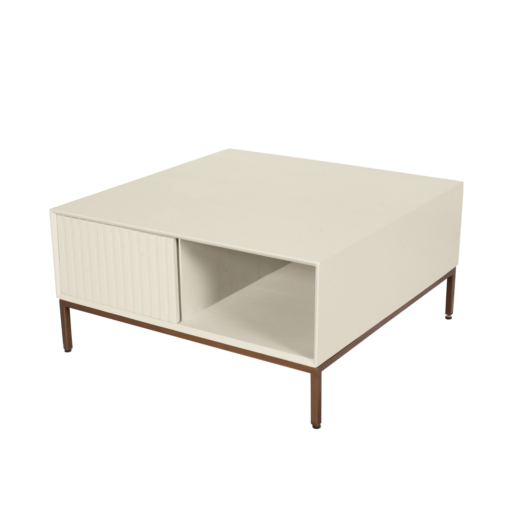 Couchtisch Mandy Sand 80x80x40 cm – Mangoholz mit Schubladen & bronzefarbenen Metallbeinen