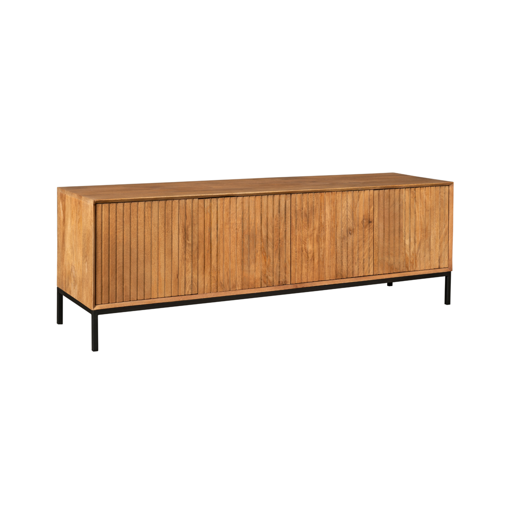 TV-Board Mandy 165x45x55 cm – Lowboard aus Mangoholz Natur mit 4 Türen & Push-to-Open-System