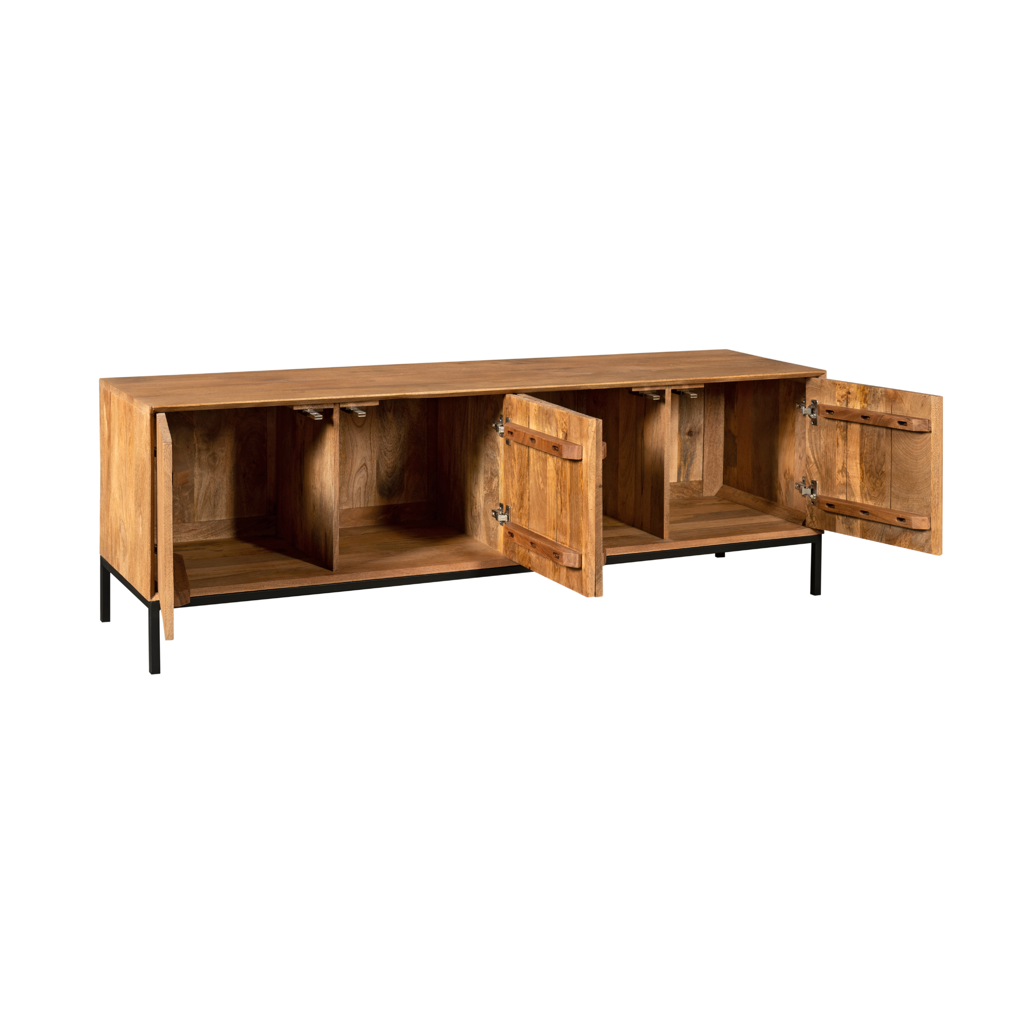 TV-Board Mandy 165x45x55 cm – Lowboard aus Mangoholz Natur mit 4 Türen & Push-to-Open-System