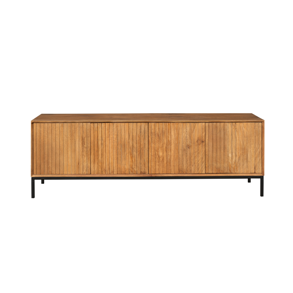 TV-Board Mandy 165x45x55 cm – Lowboard aus Mangoholz Natur mit 4 Türen & Push-to-Open-System