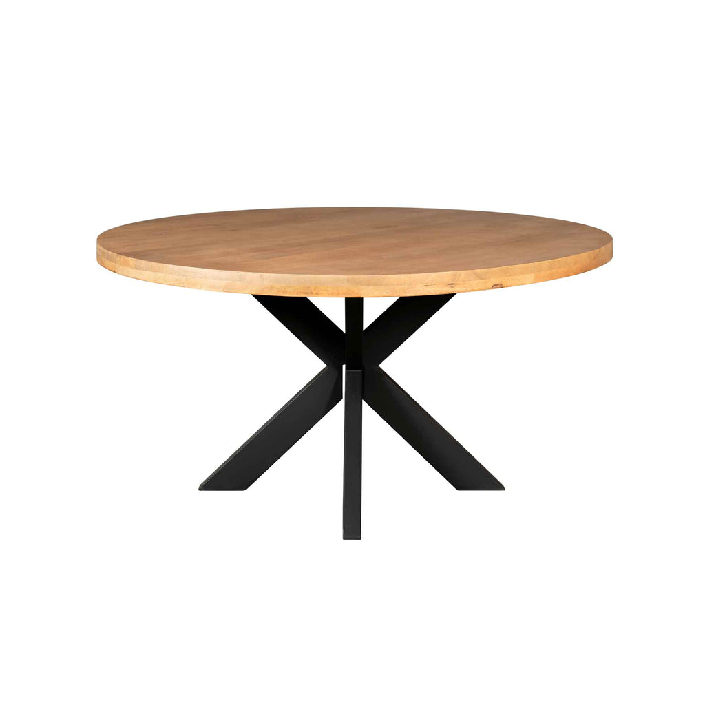 Esstisch Delta Naturfarben rund – Mangoholz & schwarzes Metall, Ø150 × 76 cm, massiver Tisch mit stilvollem Matrixgestell