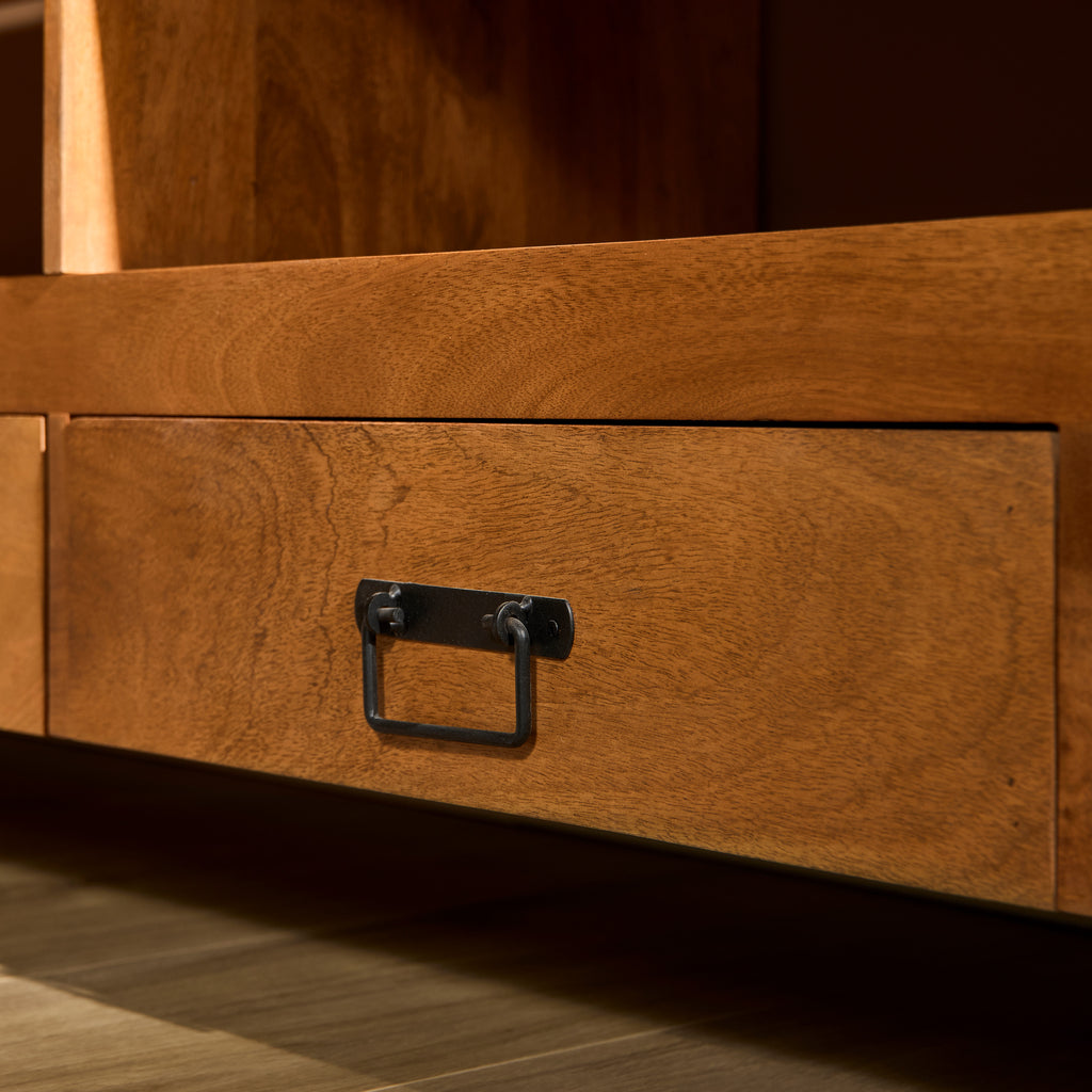 TV Board Bori Natur 220x45x60 cm – Mangoholz Lowboard mit 4 Schubladen, offenem Fach & Strukturfront