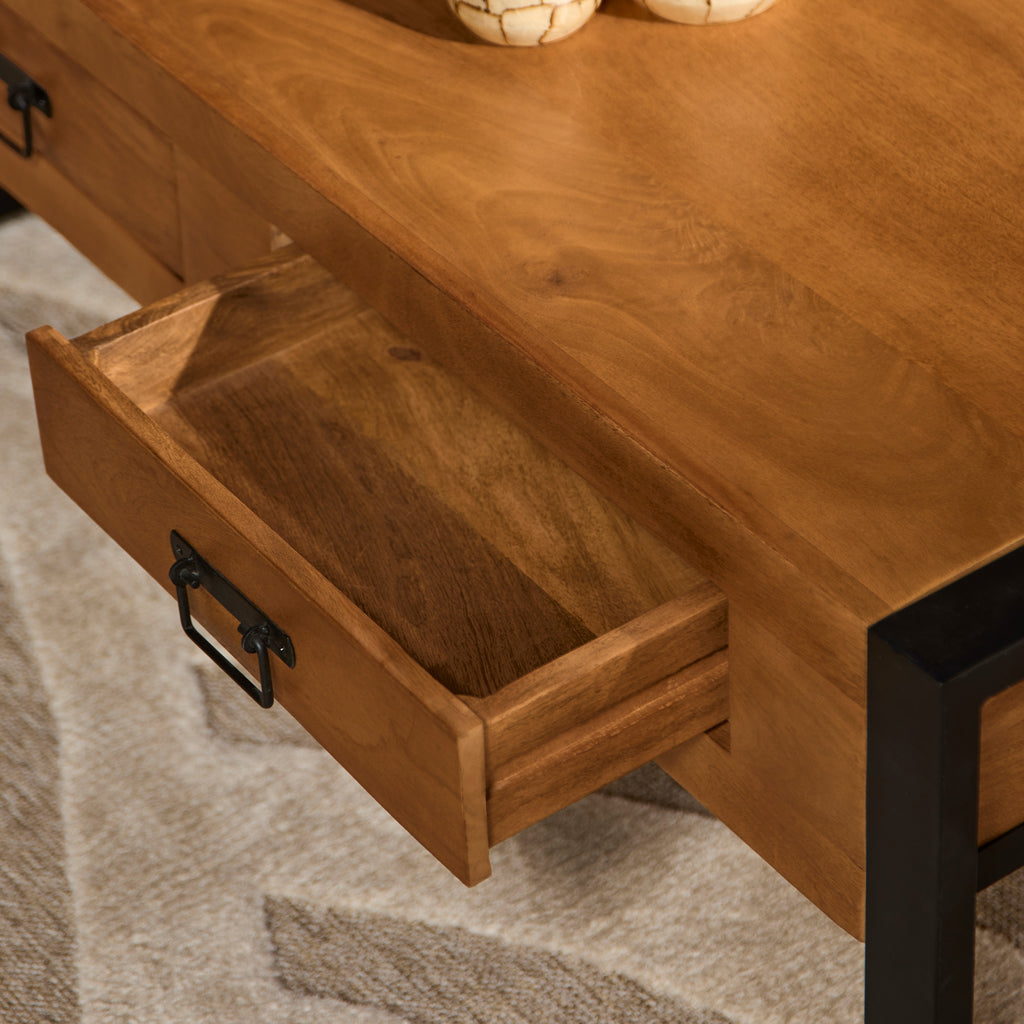 Beistelltisch Bori – Mangoholz & Metall, klar/schwarz lackiert, 120×60×45 cm mit Schubladen