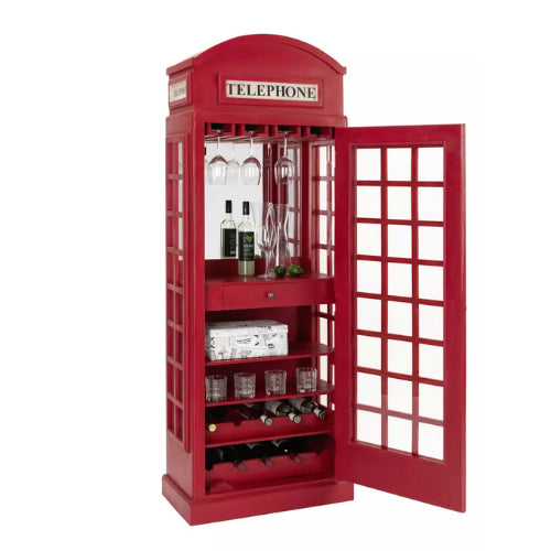 Telefonzelle Bar 71x41x201 cm – Mangoholz mit rotem Lackfinish im Retro-Design