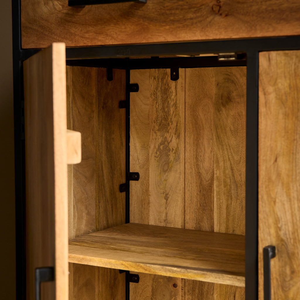 Schrank Delta aus Mangoholz mit Metallgestell – 2 Türen & 1 Schublade, modernes Design in Schwarz, 100 x 40 x 115 cm