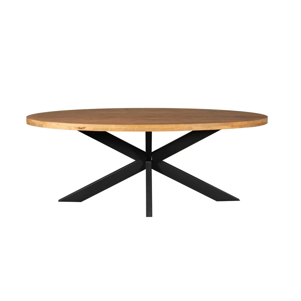 Esstisch Delta Oval 180x90x76 cm – Massives Mangoholz & modernes Matrix-Metallgestell in Schwarz