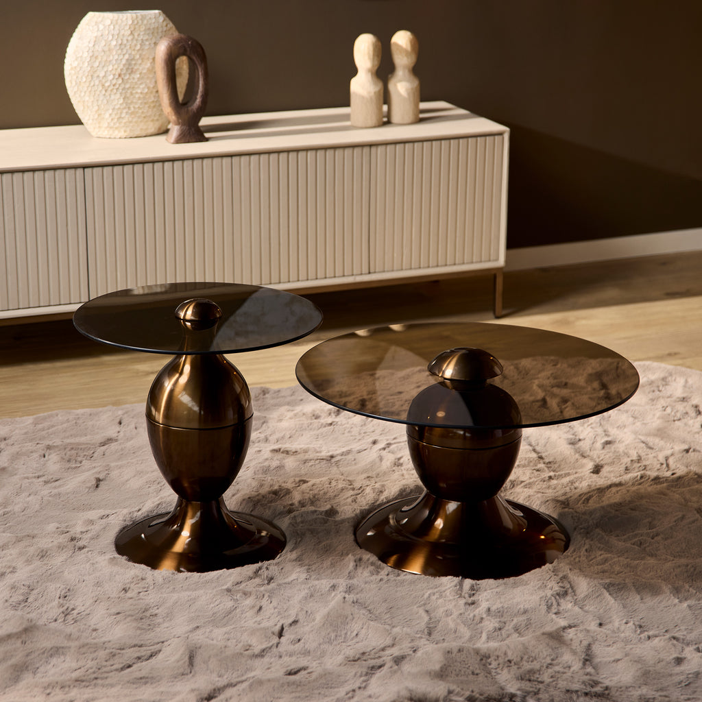Couchtisch-Set June Braun/Gold 70x70x38,5 cm & 50x50x51 cm – 2er Set mit Glastischplatten & goldfarbenem Metallgestell im modernen Design