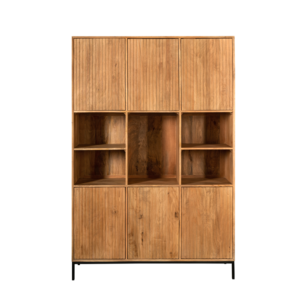 Regal Mandy Natur – Mangoholz mit Lamellenfront, 6 Türen & 5 Fächer, 135 x 45 x 200 cm