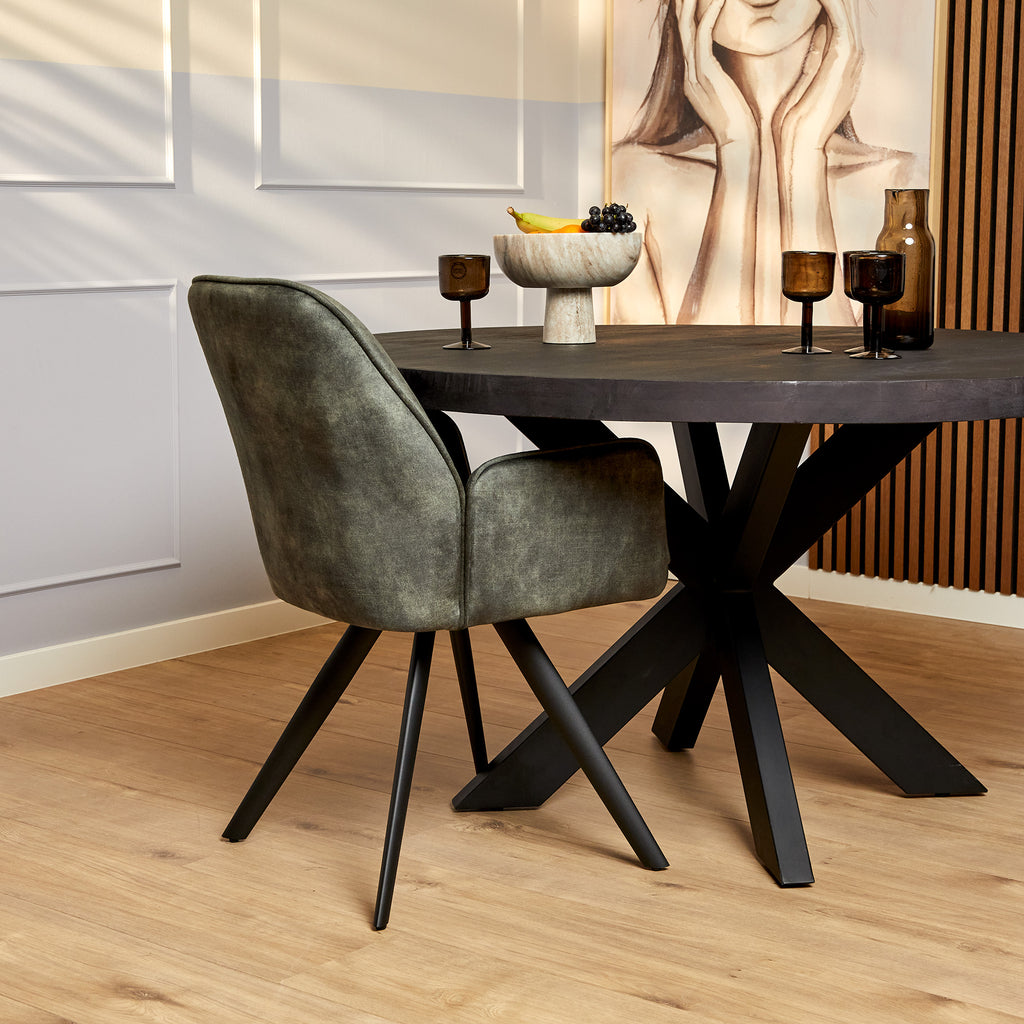 Esszimmerstuhl Oli Jägergrün – Samt & schwarze Metallbeine, 60×65×89 cm, eleganter Polsterstuhl mit Armlehnen