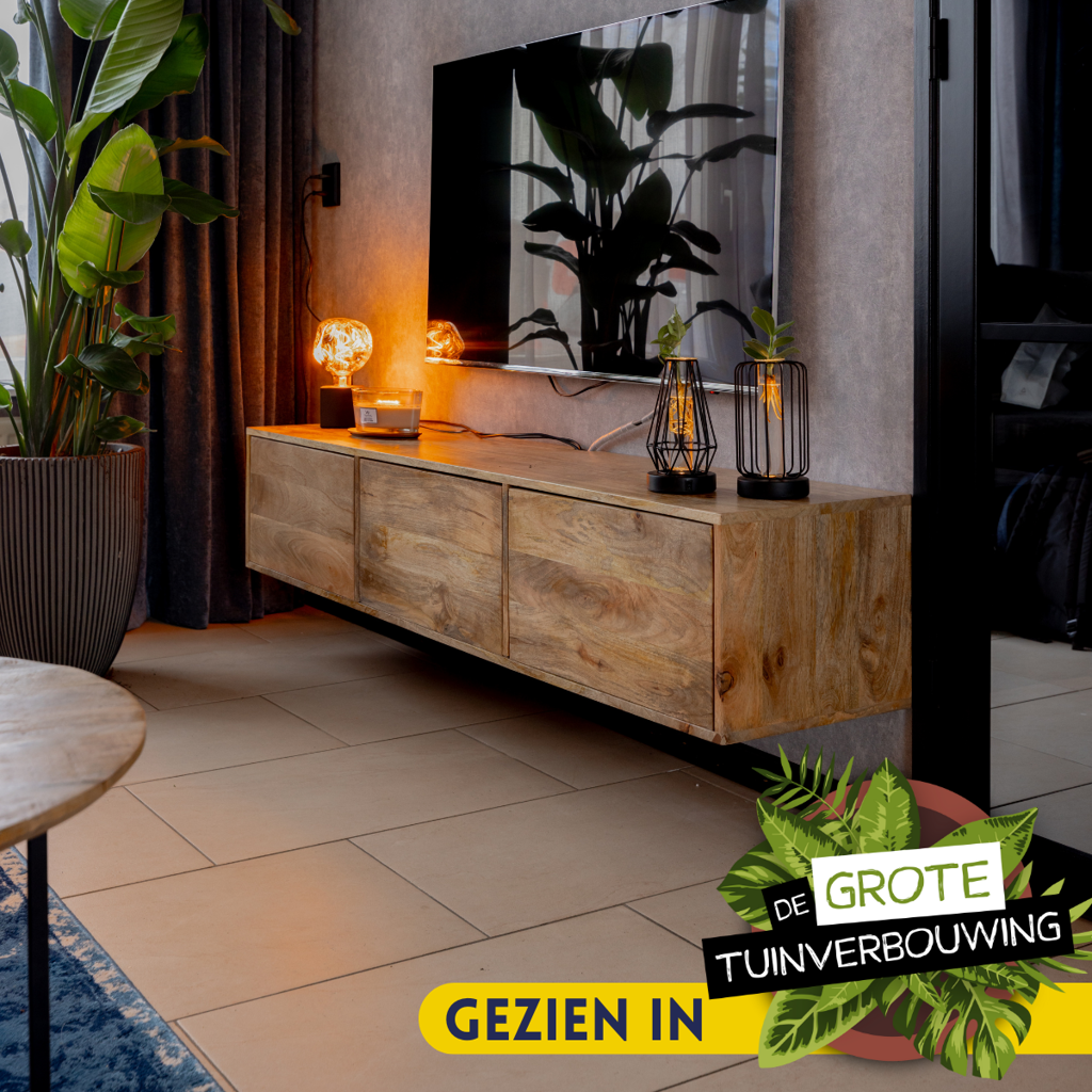 Schwebendes TV-Board Focus – Lowboard aus Mangoholz 160×30×35 cm mit grifflosen Türen & Push-to-Open-System