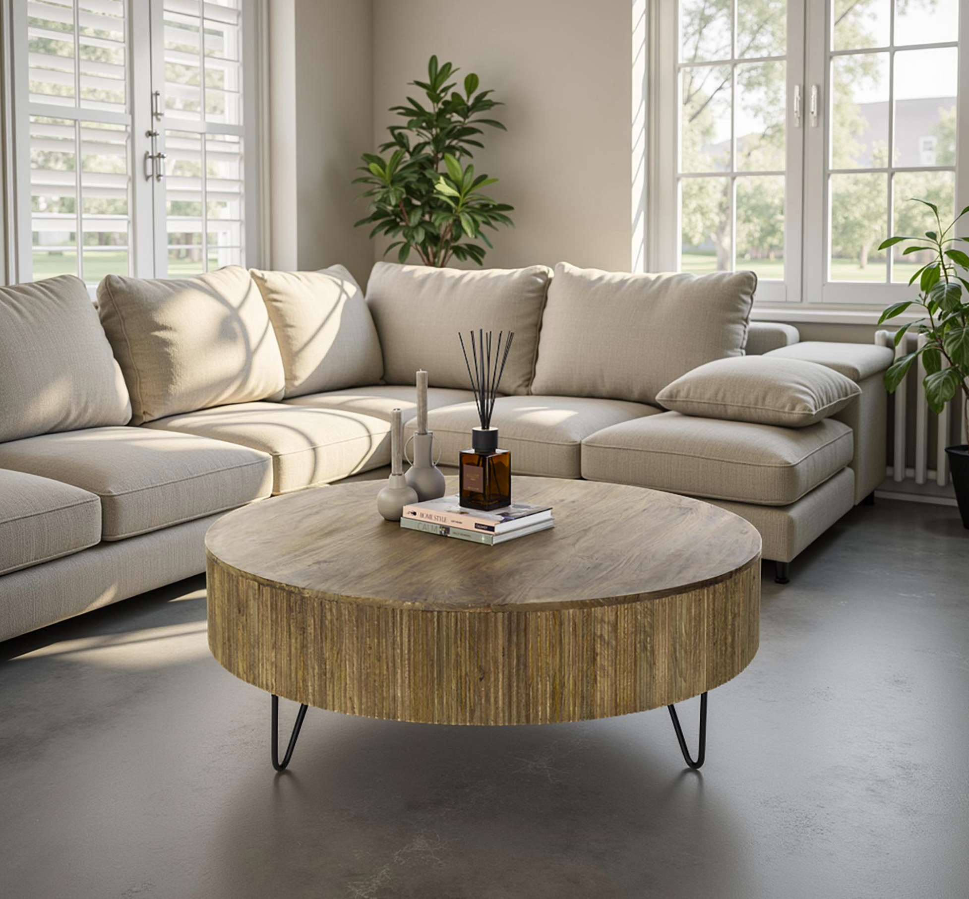 Couchtisch Nuvino – Mangoholz Sand mit Wellenmuster & Metallgestell, Ø120 x 38 cm