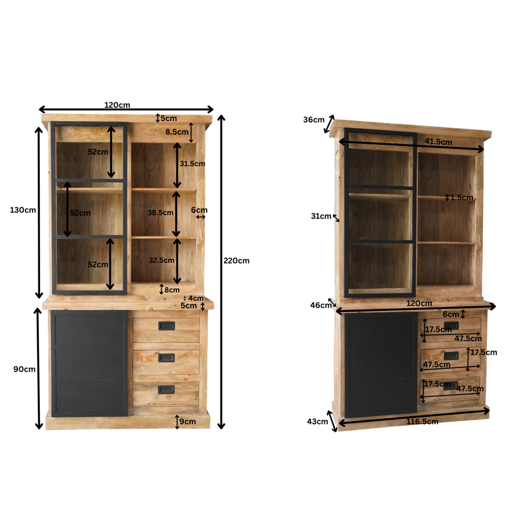 Bücherregal Bali Schwarz – Mangoholz mit modernem Design, 5 offene Fächer & 2 Türen mit Push-to-Open, 90 x 45 x 200 cm