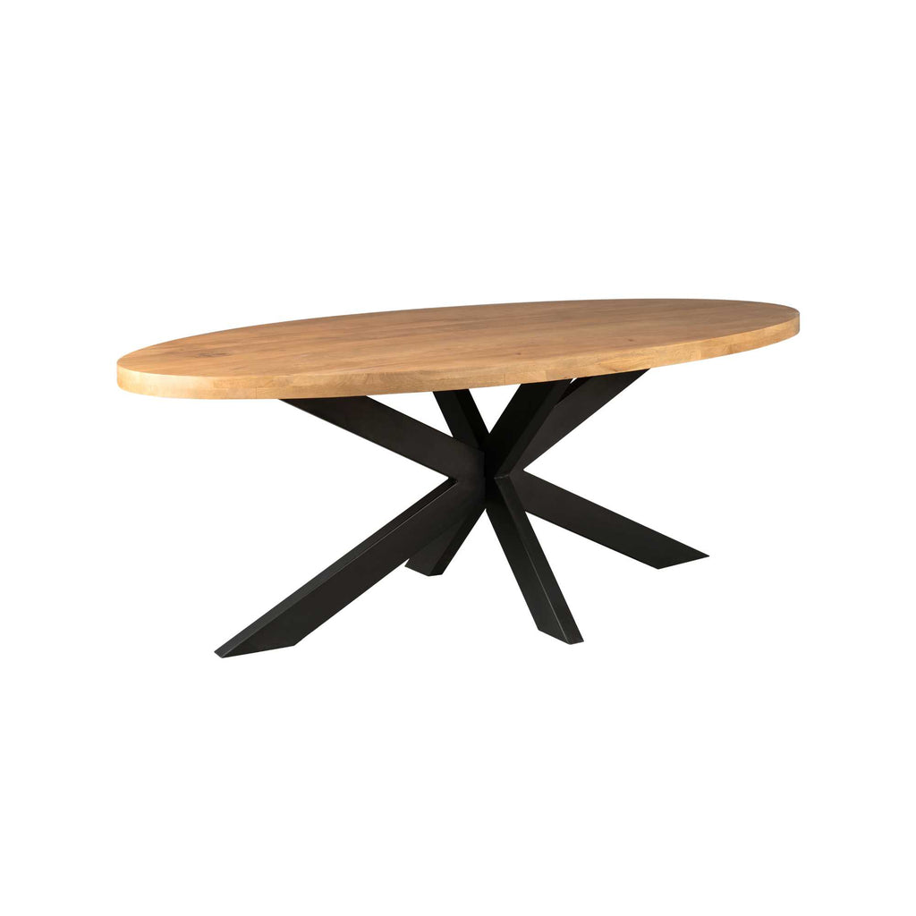 Esstisch Delta Oval 180x90x76 cm – Massives Mangoholz & modernes Matrix-Metallgestell in Schwarz