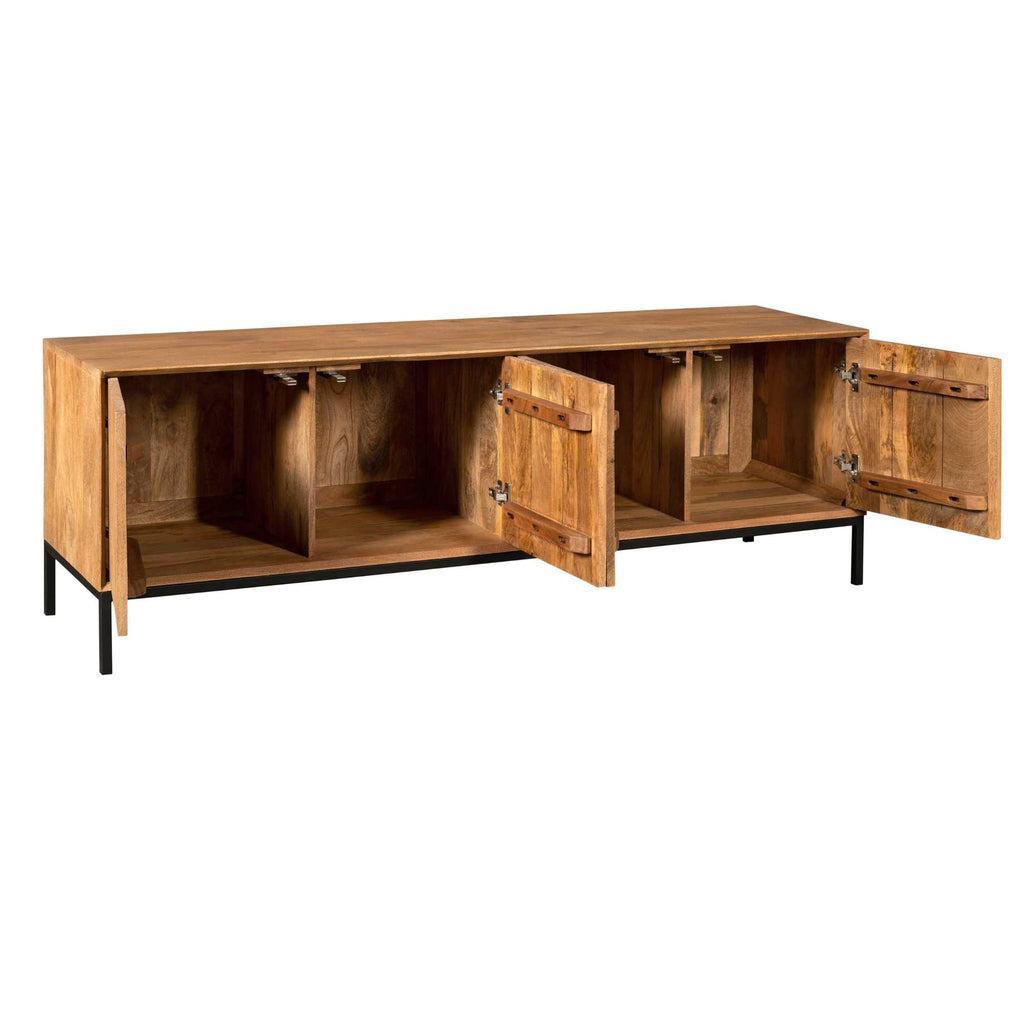 TV-Board Mandy 165x45x55 cm – Lowboard aus Mangoholz Natur mit 4 Türen & Push-to-Open-System