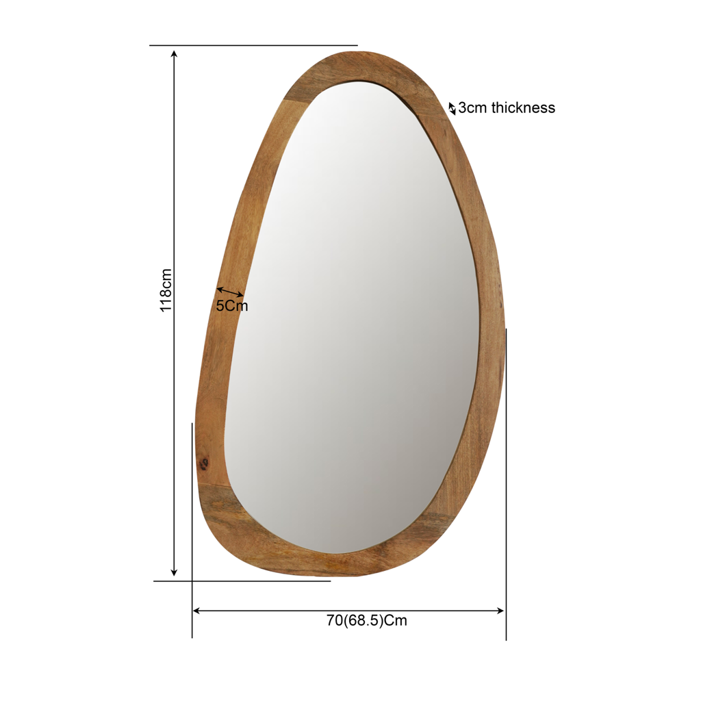 Spiegel Leli – Organischer Wandspiegel aus Mangoholz, Naturfarben, 70 x 3 x 120 cm