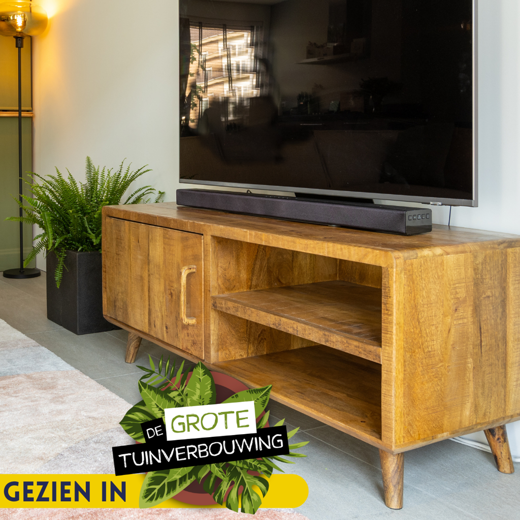 TV-Board Raven – Mangoholz TV-Schrank 120×50×45 cm mit 2 offenen Fächern, 1 Tür & dekorativen Holzelementen im modernen Design