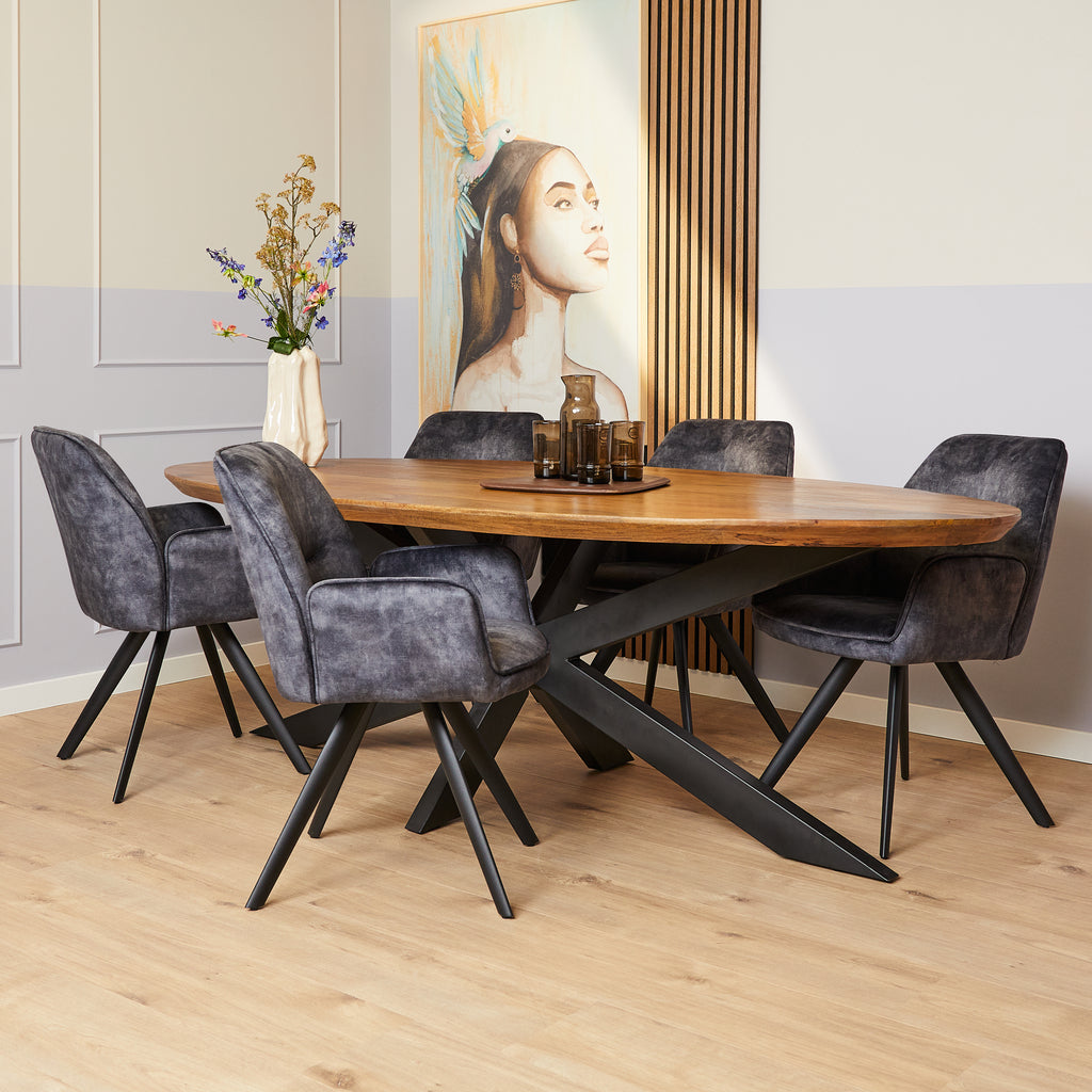 Esszimmerstuhl Oli Anthrazit – eleganter Samtstuhl mit Armlehne & schwarzem Metallgestell, 60×65×89 cm
