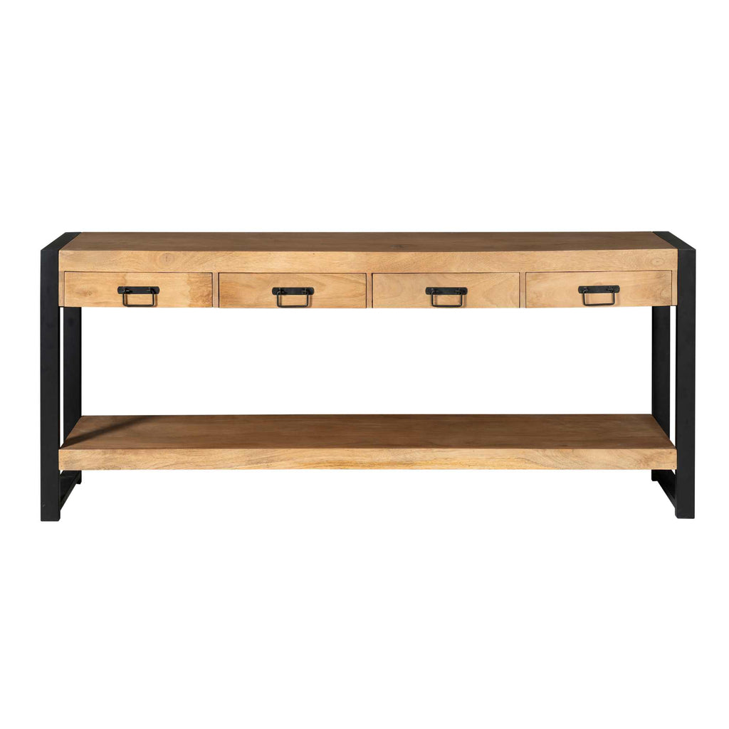 Beistelltisch Bori Schwarz – Mangoholz Tisch 180×76×35 cm mit 4 Schubladen & modernem Metallgestell