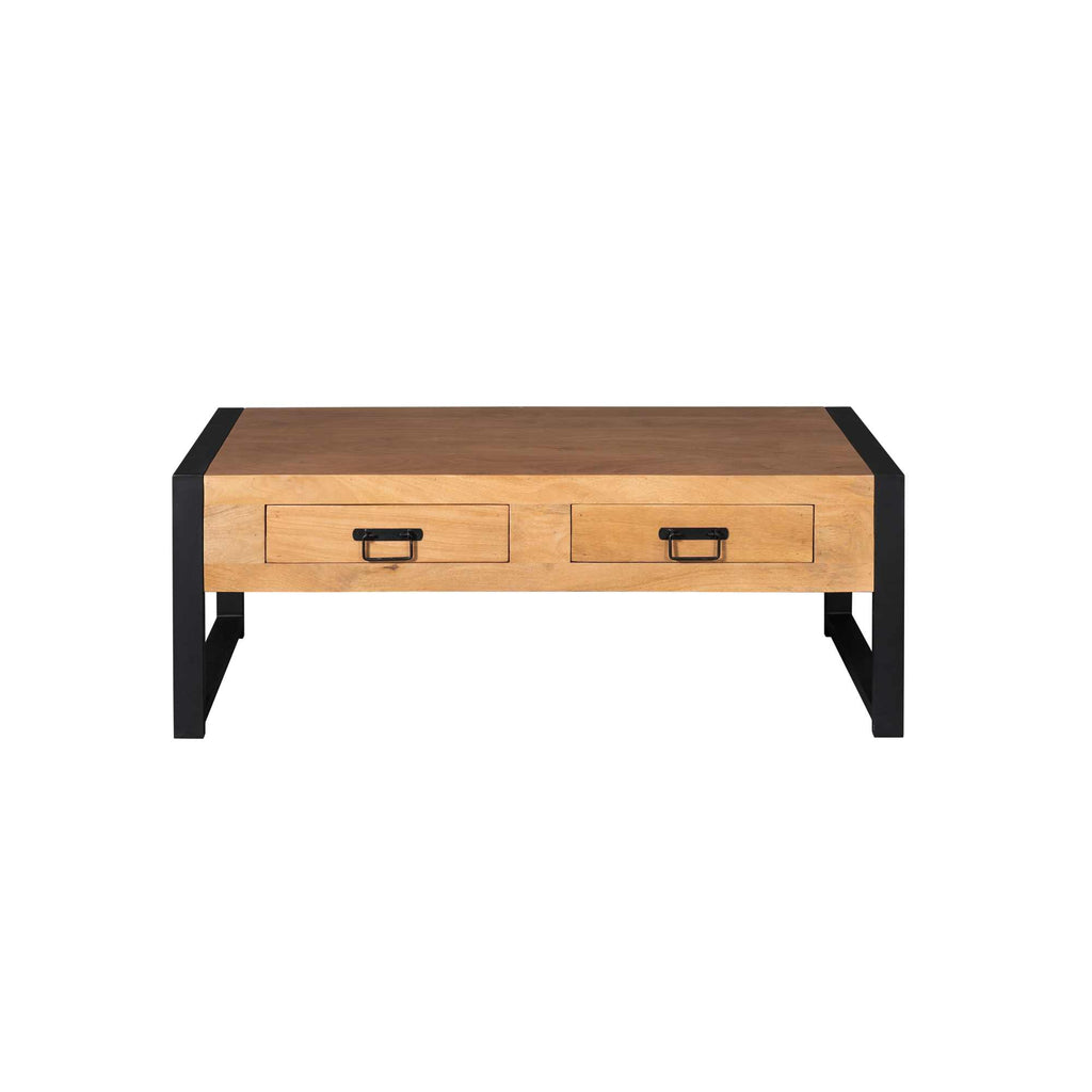 Beistelltisch Bori – Mangoholz & Metall, klar/schwarz lackiert, 120×60×45 cm mit Schubladen