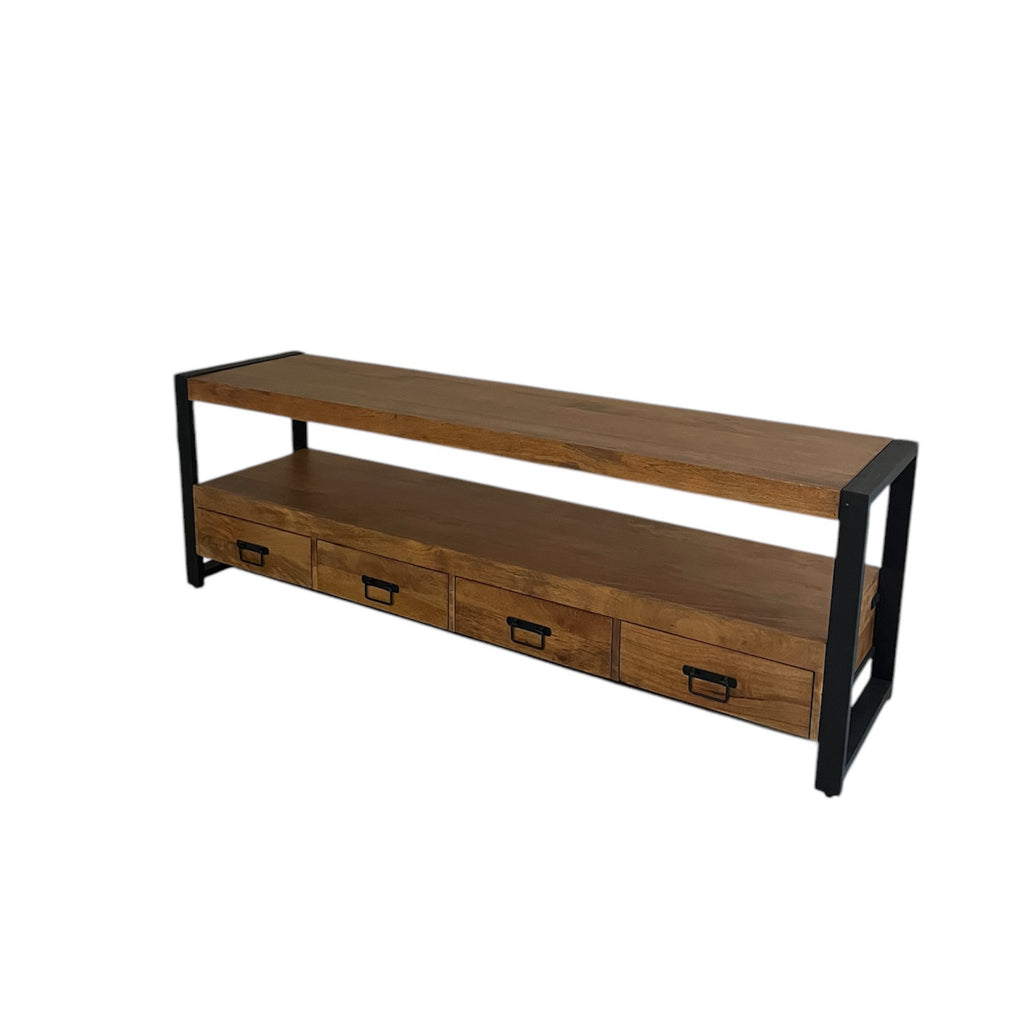 TV-Board Bori Warm 180x45x60 cm – modernes Mangoholz TV-Möbel mit Schubladen, offenem Fach & schwarzem Metallrahmen