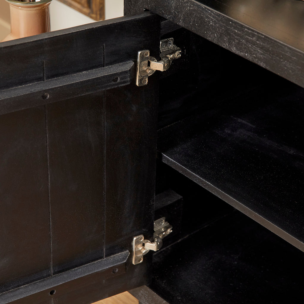 Bücherregal Bali Schwarz – Mangoholz Schrank 90×200×45 cm mit 4 offenen Fächern, 2 Türen & Push-to-Open-System