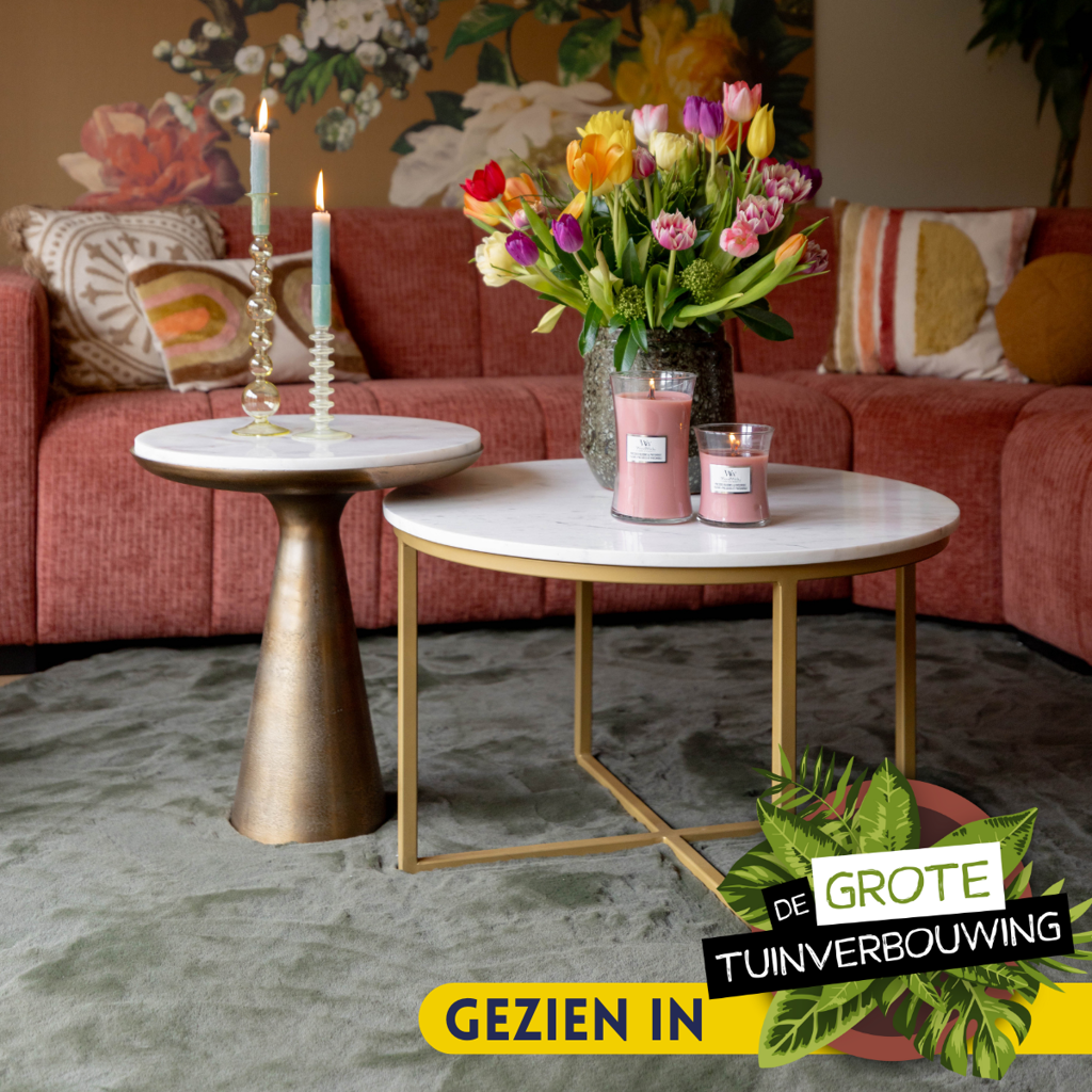 Beistelltisch Elyo – runder Couchtisch mit weißer Marmorplatte & goldfarbenem Metallfuß, 45×45×50 cm