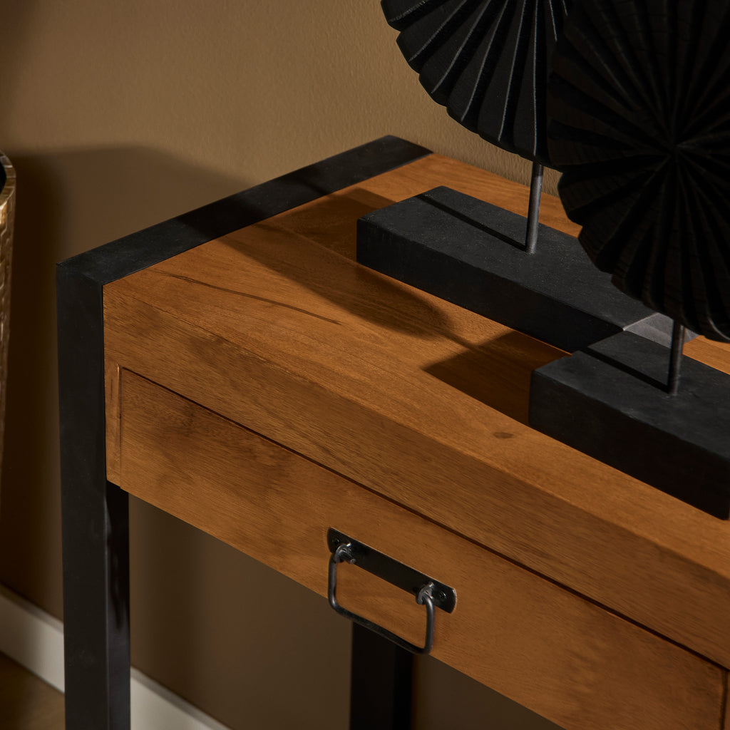 Konsolentisch Bori Natur – Mangoholz Sideboard mit 2 Schubladen & Metallrahmen 120×35×76 cm