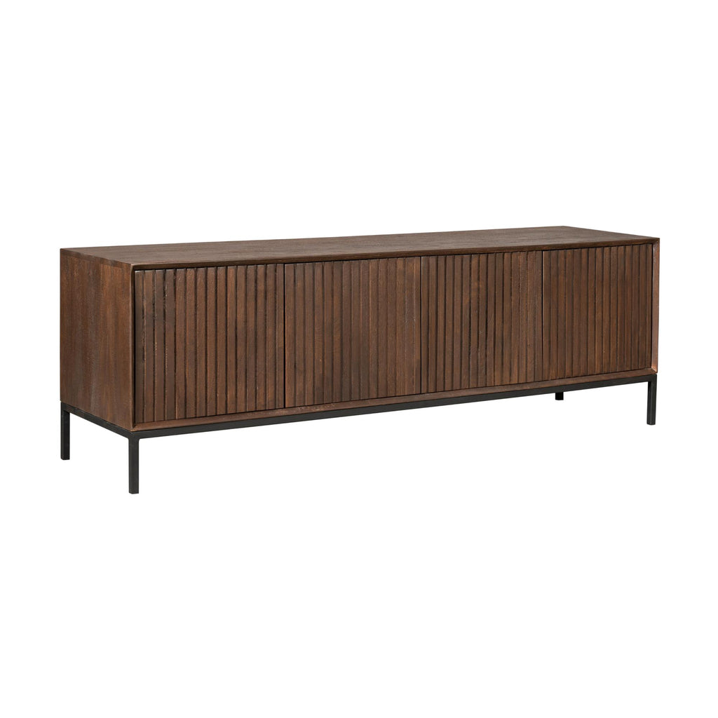 TV-Board Mandy Braun 165x45x55 cm – Lowboard aus Mangoholz mit Lamellenfront & Push-to-Open Türen