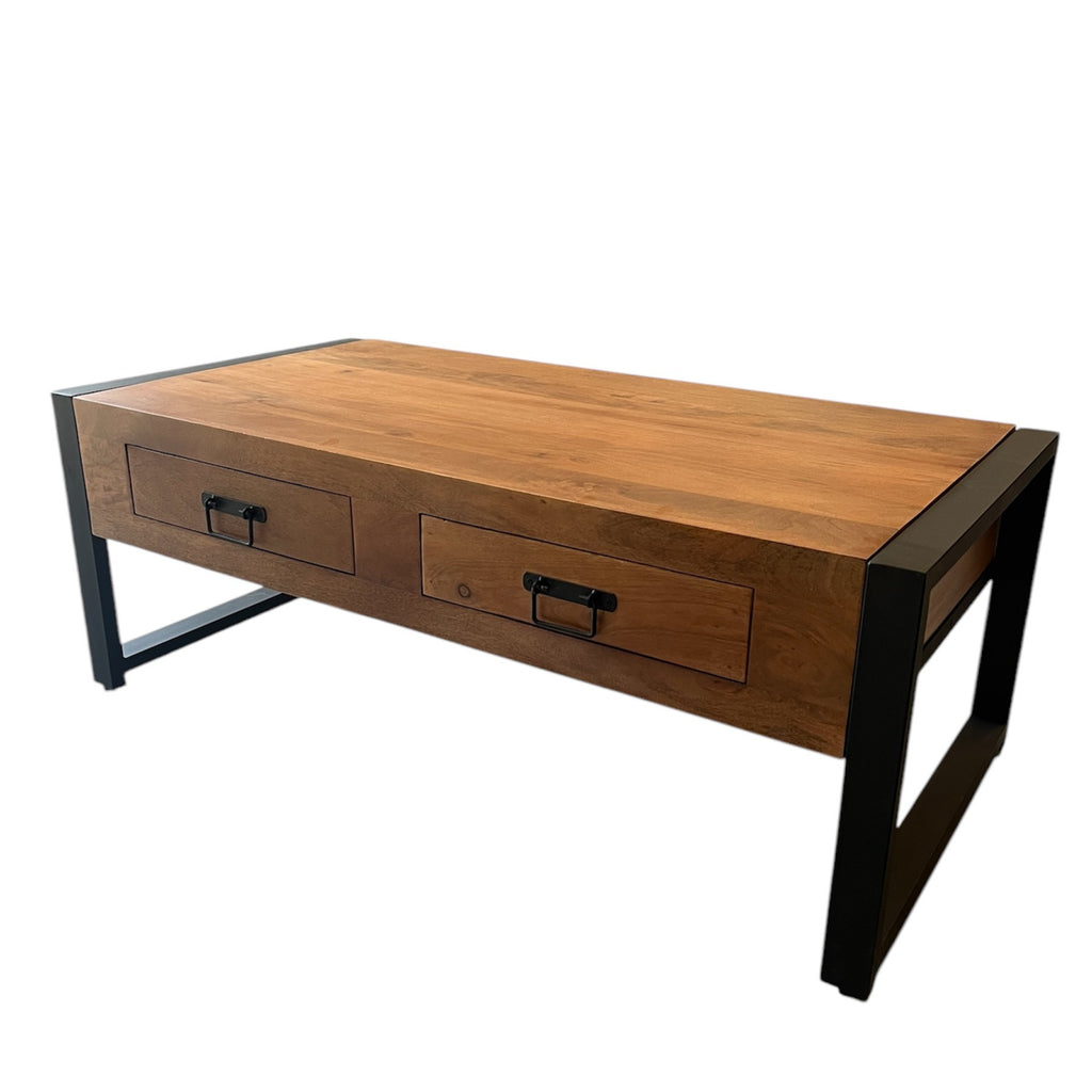 Couchtisch Bori – Mangoholz Tisch 120×45×60 cm mit 2 Schubladen & schwarzem Metallgestell, warmes Finish