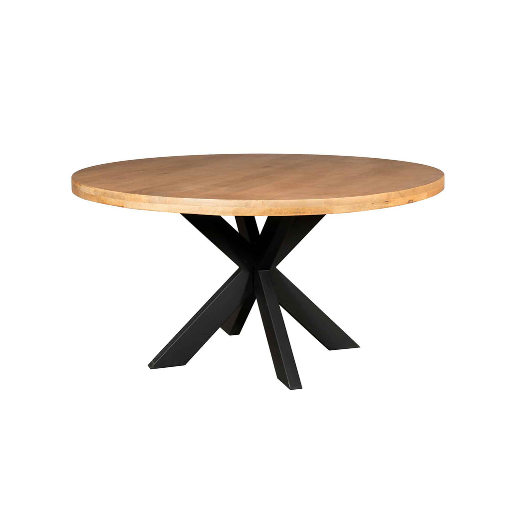 Esstisch Delta Naturfarben rund – Mangoholz & schwarzes Metall, Ø150 × 76 cm, massiver Tisch mit stilvollem Matrixgestell