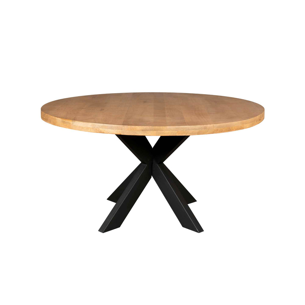 Esstisch Delta Naturfarben rund – Mangoholz & schwarzes Metall, Ø150 × 76 cm, massiver Tisch mit stilvollem Matrixgestell