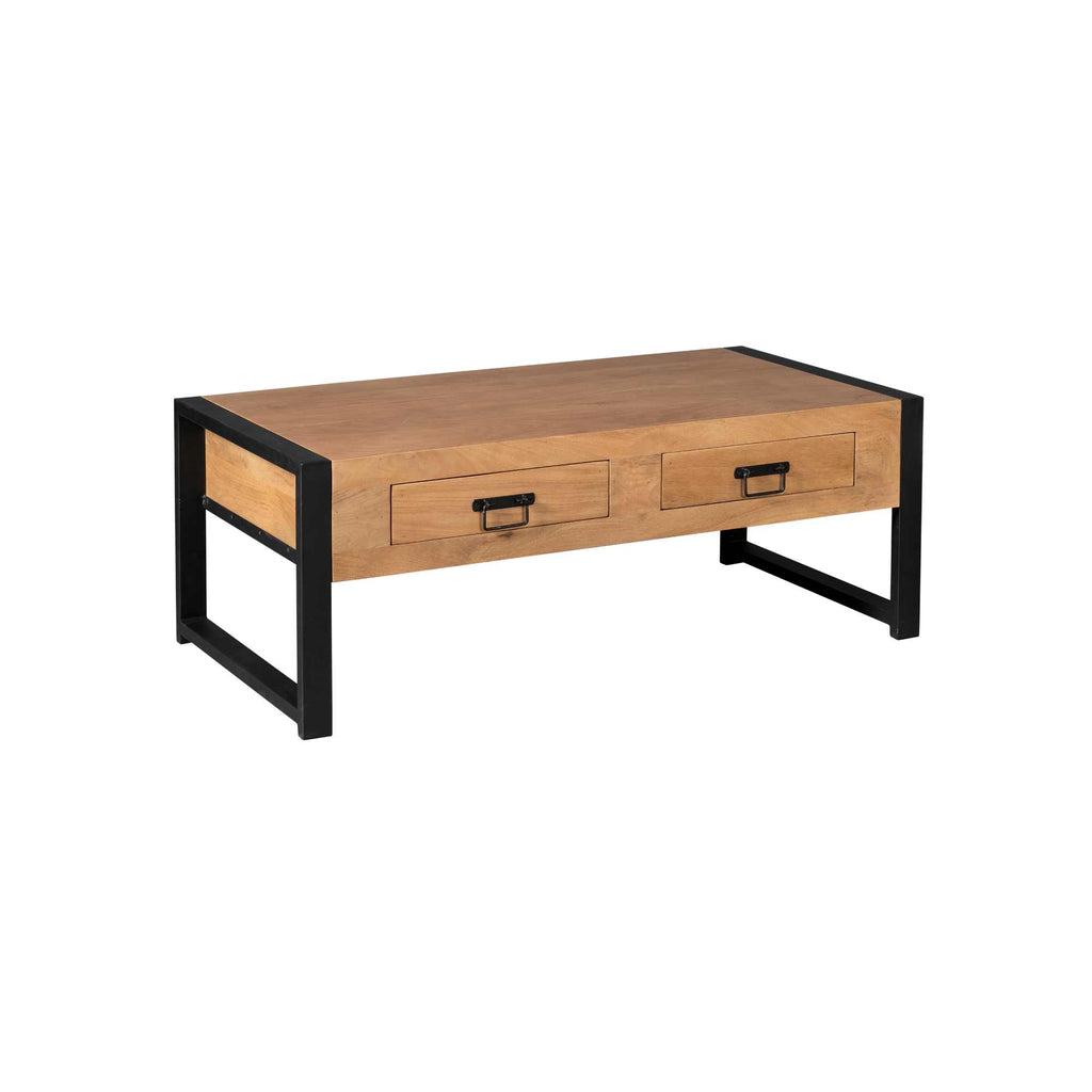 Beistelltisch Bori – Mangoholz & Metall, klar/schwarz lackiert, 120×60×45 cm mit Schubladen